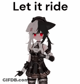 A Girl In A Black And White Dress With Red Eyes Is Standing In Front Of A White Background With The Words `` Let It Ride GIF