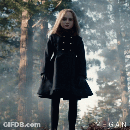 A Girl In A Black Coat Stands In A Forest With The Name Megan On The Bottom Left GIF