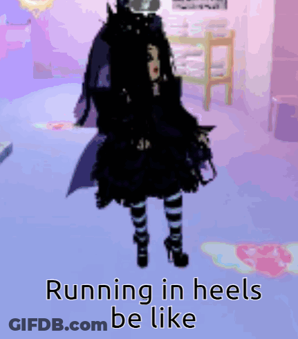 A Girl In A Black Dress And Striped Socks Is Running In Heels . GIF
