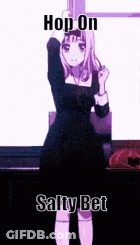 A Girl In A Black Dress Is Dancing With The Words Hop On Salty Bet GIF