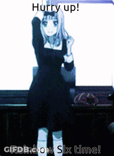 A Girl In A Black Dress Is Dancing With The Words Hurry Up Rainbow Six Time Below Her GIF