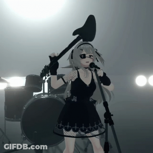 A Girl In A Black Dress Is Holding A Guitar In Front Of A Drum Set GIF