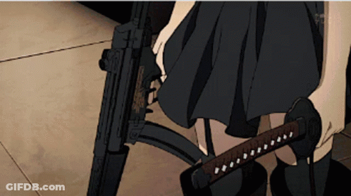 A Girl In A Black Dress Is Holding A Gun And A Katana GIF