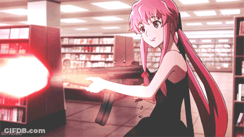 A Girl In A Black Dress Is Holding A Gun In A Library With Butamaru Written On The Bottom GIF