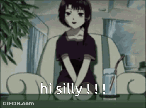 A Girl In A Black Dress Is Sitting At A Table With The Words Hi Silly Below Her GIF