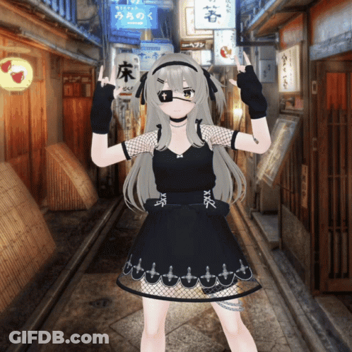A Girl In A Black Dress Is Standing In A Alleyway With A Sign That Says ' Aoi ' On It GIF