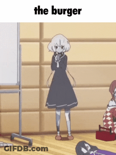 A Girl In A Black Dress Is Standing In Front Of A White Board With The Words " The Burger " On It GIF