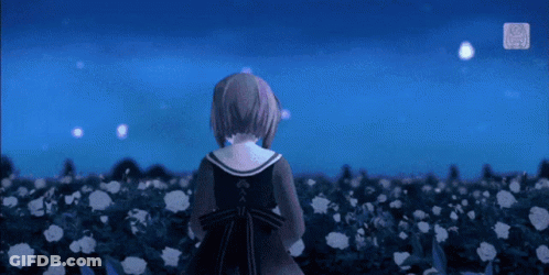 A Girl In A Black Dress Stands In A Field Of Flowers GIF