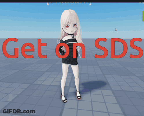 A Girl In A Black Dress Stands In Front Of A Sign That Says Get On Sds GIF