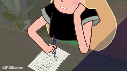 A Girl In A Black Shirt Is Writing On A Piece Of Paper With A Blue Pen GIF