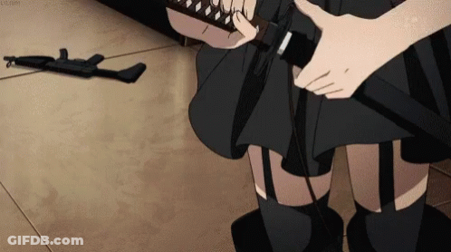A Girl In A Black Skirt Is Holding A Sword With A Gun Laying On The Floor Behind Her GIF
