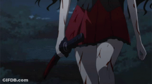 A Girl In A Bloody Skirt Is Holding A Bloody Sword GIF