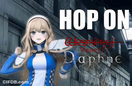 A Girl In A Blue And White Outfit Is Standing In Front Of A Building With The Words Hop On Above Her GIF