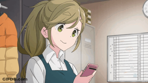 A Girl In A Blue Apron Is Holding A Cell Phone In Front Of A Calendar GIF