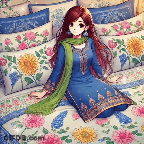 A Girl In A Blue Dress And Green Scarf Sits On A Bed With Flowers On It GIF