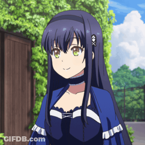 A Girl In A Blue Dress Has A Skull And Crossbones On Her Head GIF