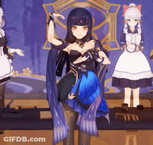 A Girl In A Blue Dress Is Dancing In Front Of Two Maids In White Dresses GIF