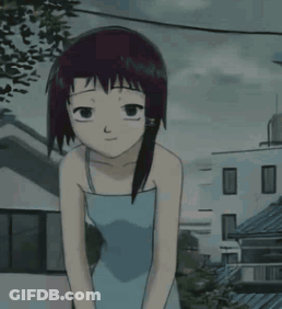 A Girl In A Blue Dress Is Smiling And Looking At The Camera GIF