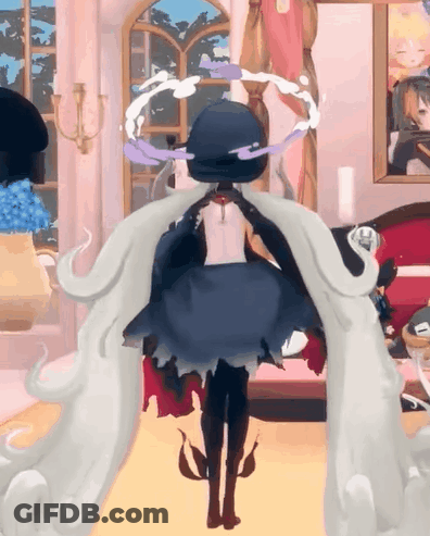 A Girl In A Blue Dress Is Standing In A Room With A Red Couch GIF