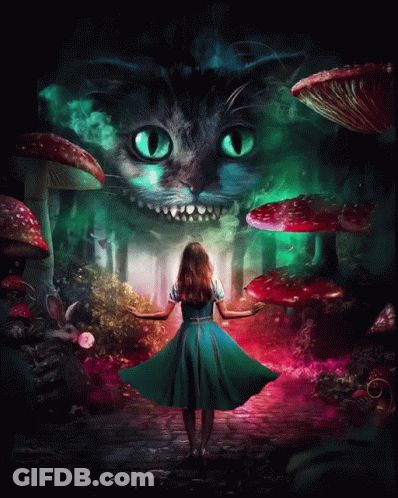 A Girl In A Blue Dress Stands In Front Of A Cheshire Cat Surrounded By Mushrooms GIF