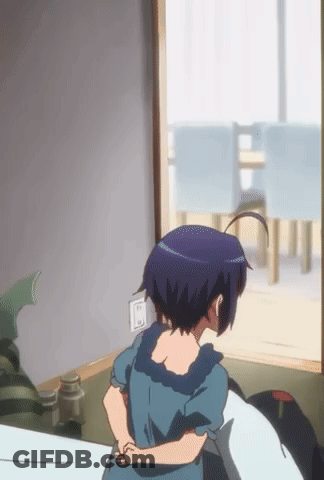 A Girl In A Blue Dress Stands In Front Of A Window GIF