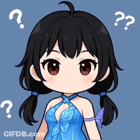 A Girl In A Blue Dress With Question Marks Around Her Head GIF