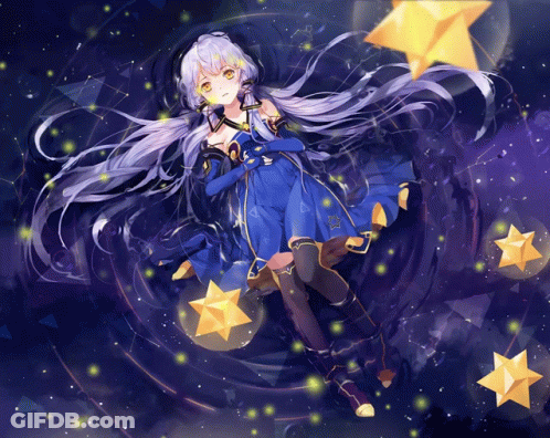A Girl In A Blue Dress With Stars Around Her GIF