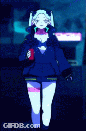 A Girl In A Blue Jacket Is Holding A Red Can In Her Hand GIF