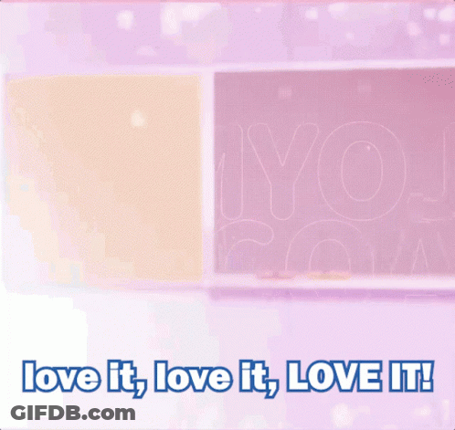 A Girl In A Blue Jacket Is Standing In Front Of A Pink Background That Says Love It Love It Love It GIF