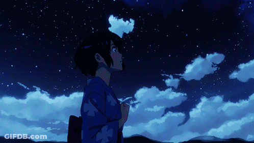 A Girl In A Blue Kimono Is Looking Up At The Night Sky GIF