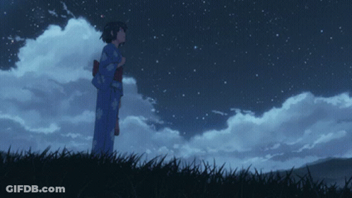 A Girl In A Blue Kimono Is Standing In The Grass Looking At The Stars GIF
