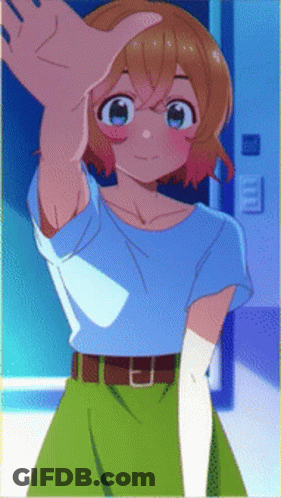 A Girl In A Blue Shirt And Green Skirt Is Standing In Front Of A Door GIF