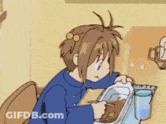 A Girl In A Blue Shirt Is Eating A Casserole Dish GIF