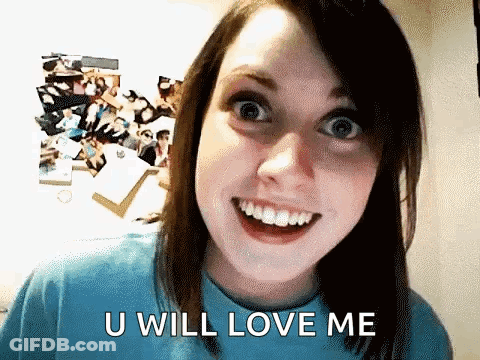 A Girl In A Blue Shirt Is Smiling And Says U Will Love Me GIF