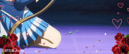 A Girl In A Blue Skirt Is Kneeling On A Purple Floor With Red Roses And Hearts Surrounding Her GIF