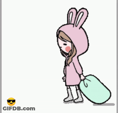 A Girl In A Bunny Costume Is Walking With A Bag And Says Bye GIF
