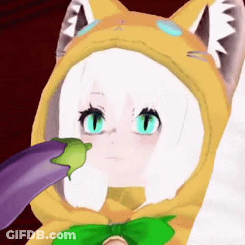 A Girl In A Cat Costume Has A Purple Eggplant On Her Nose GIF