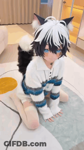 A Girl In A Cat Costume Is Kneeling On The Floor In A Living Room . GIF