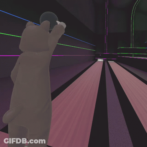 A Girl In A Cat Costume Is Standing In A Bowling Alley GIF
