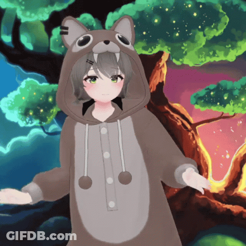 A Girl In A Cat Costume Stands In Front Of Trees GIF