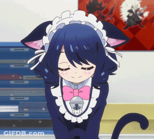 A Girl In A Cat Costume With A Bell Around Her Neck Bows Her Head GIF