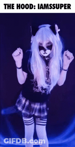 A Girl In A Cat Costume With The Words The Hood Iamssuper On The Bottom GIF