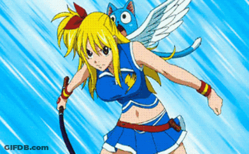 A Girl In A Cheerleader Outfit Is Holding A Sword With A Cat On Her Back GIF