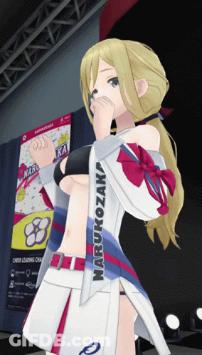 A Girl In A Cheerleading Outfit Has The Name Narukozaka On Her Sleeve GIF
