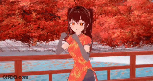 A Girl In A Cheongsam Dress Is Standing On A Bridge . GIF