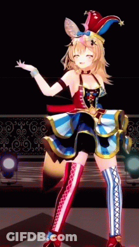A Girl In A Clown Costume Is Standing On A Stage GIF