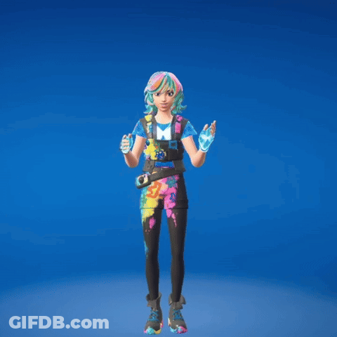 A Girl In A Colorful Outfit Stands With Her Arms In The Air GIF