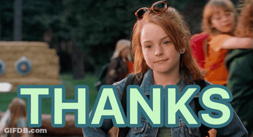 A Girl In A Denim Jacket Is Standing In Front Of The Words Thanks GIF