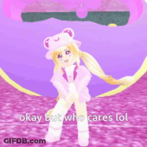 A Girl In A Frog Hat Is Standing In Front Of A Purple Heart With The Words Okay But Who Cares Lol Below Her GIF