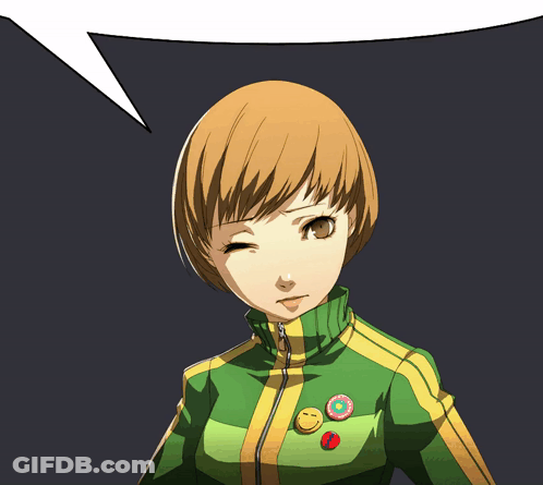 A Girl In A Green And Yellow Jacket Has A Speech Bubble Above Her GIF
